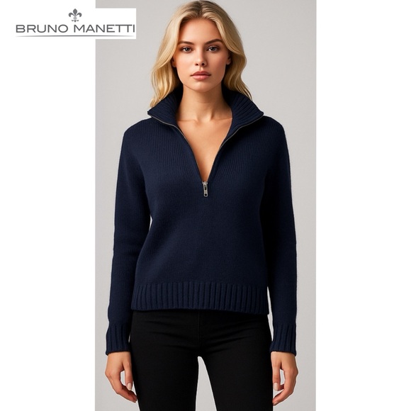 BRUNO MANETTI Merino Wool Boxy Quarter Zip Sweater Made In Italy Navy Blue M - Picture 1 of 16